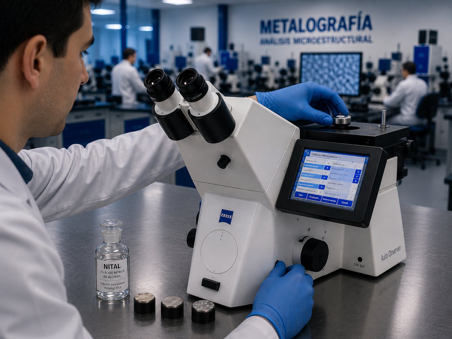 Microscopio ZEISS Axio Observer en laboratorio de metalograf&iacute;a con reactivo nital