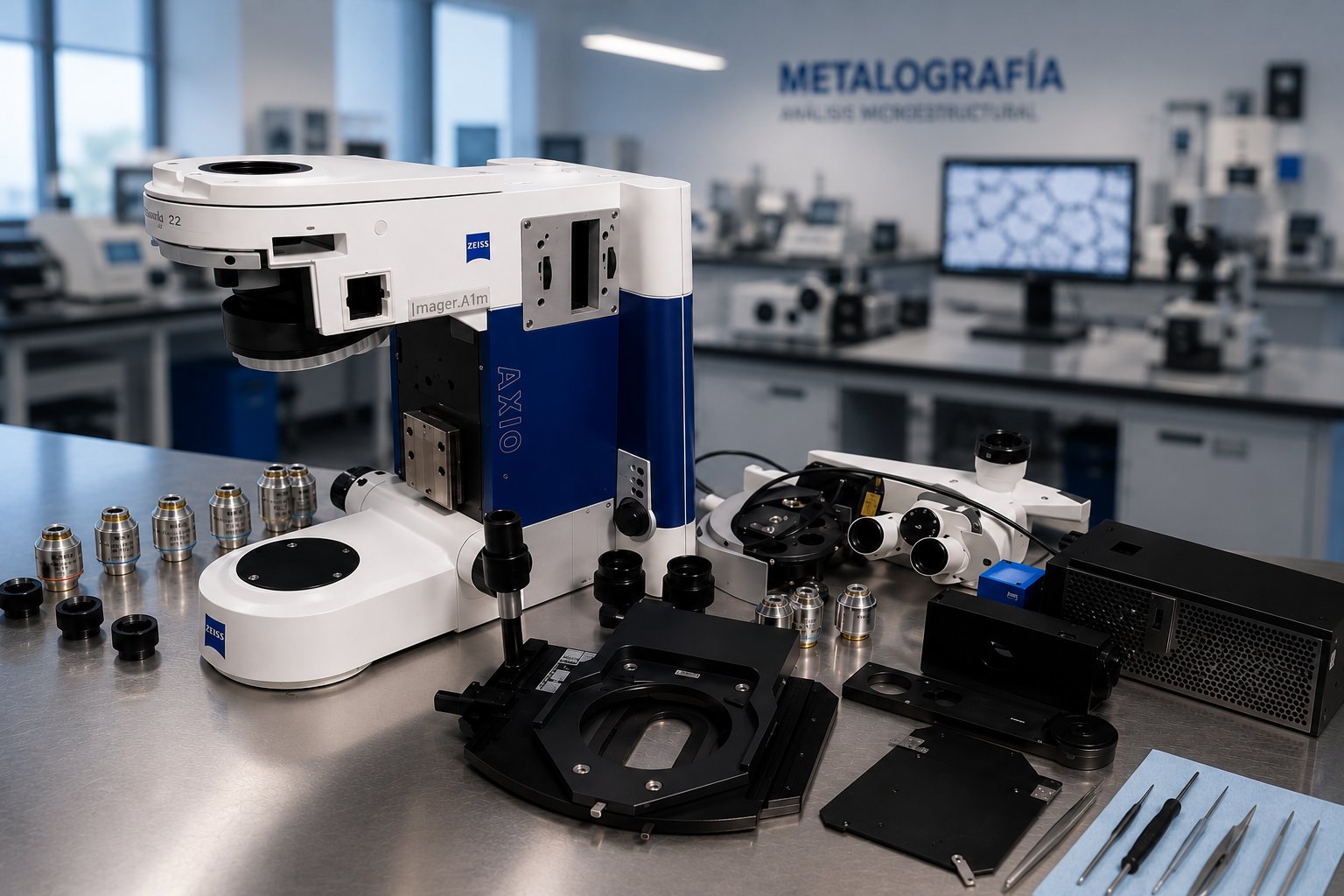 ZEISS Axio Imager.A1m completamente desarmado durante servicio t&eacute;cnico en laboratorio de metalograf&iacute;a